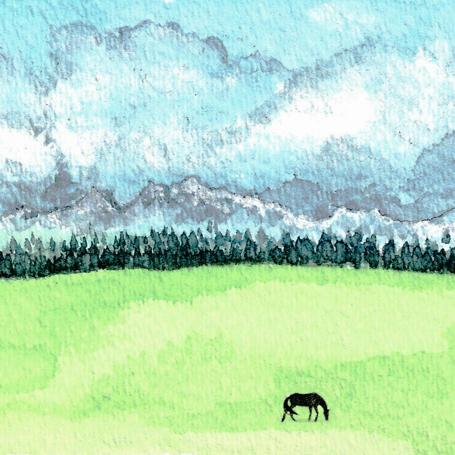 Watercolor & ink on paper, 2020 - A bright meadow stretches toward a dark line of pine trees, with misty mountains and heavy turquoise clouds in the background. At the fore, a small black horse grazes in the meadow, peaceful despite the looming storm.