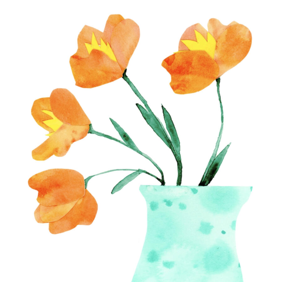 Mixed media watercolor collage, 2024 - A simple mottled teal vase with four bright orange California Poppies waving from their wispy green stems.