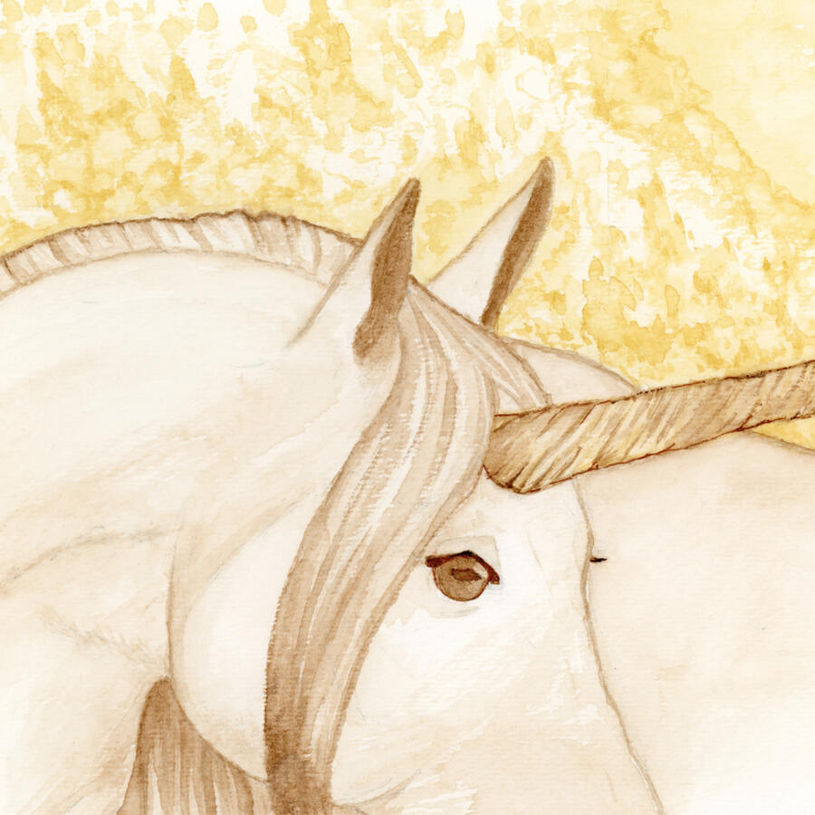 Watercolor & ink on paper, 2020 - A unicorn in warm, golden tones with its head shown in profile. Its long, slender horn extends to the side; the eye is calm and expressive. Behind it is a glowing golden sky and a forest at the peak of evening light.