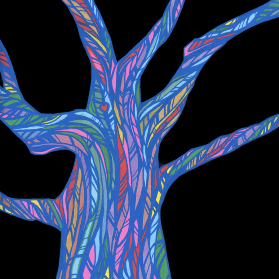 Acrylic on paper, 2023 - A tree made up of many colors, patterned in flowing lines.