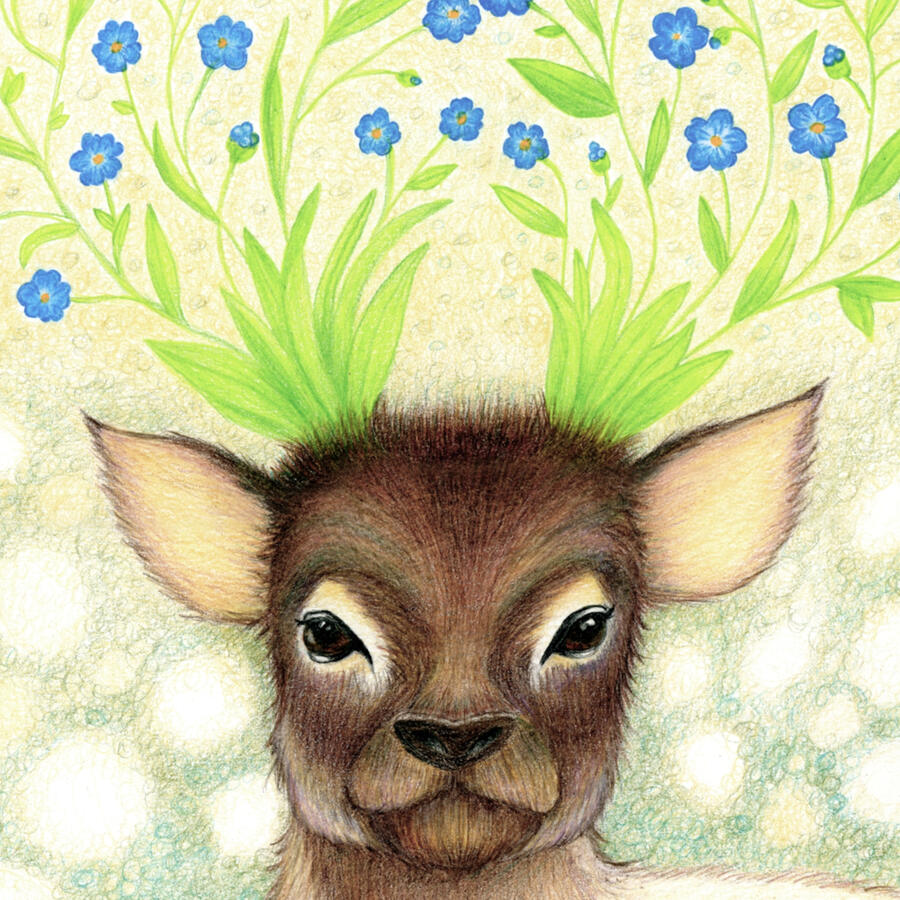 Color pencil on vellum Bristol paper, 2026 - Color pencil drawing of a small, faerie-like deer; where the antlers would normally emerge, there is a spray of blue forget-me-nots. The background is a muted blending of blues, greens, and golds, creating a haz