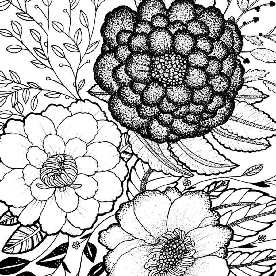 Digital line art, 2025 - A trio of imagined blossoms, and each flower carries its own personality. Surrounding them, delicate branches and leaves weave a gentle lattice, striking a balance between precision and wildness.