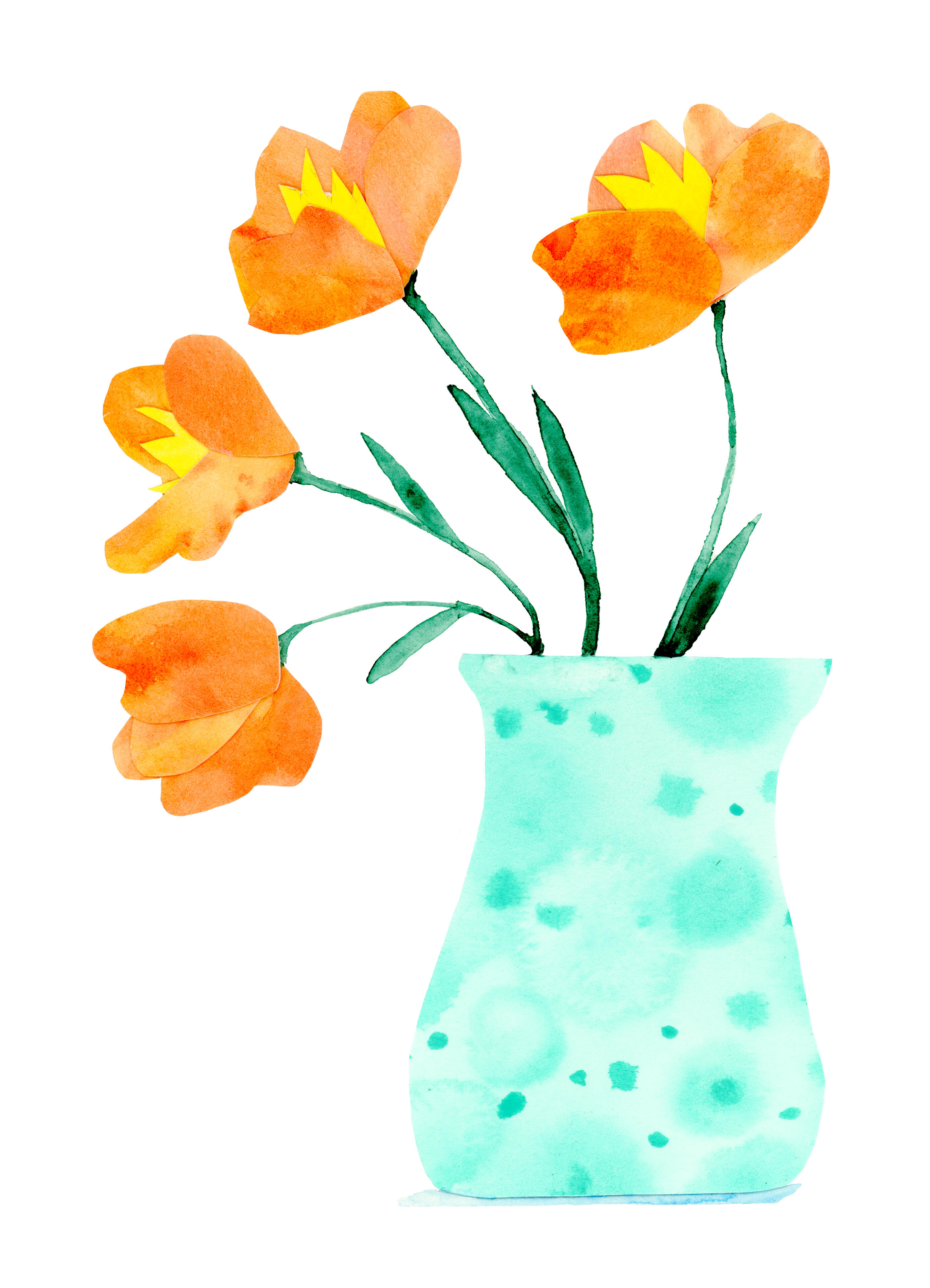 A simple mottled teal vase with four bright orange California Poppies waving from their wispy green stems.