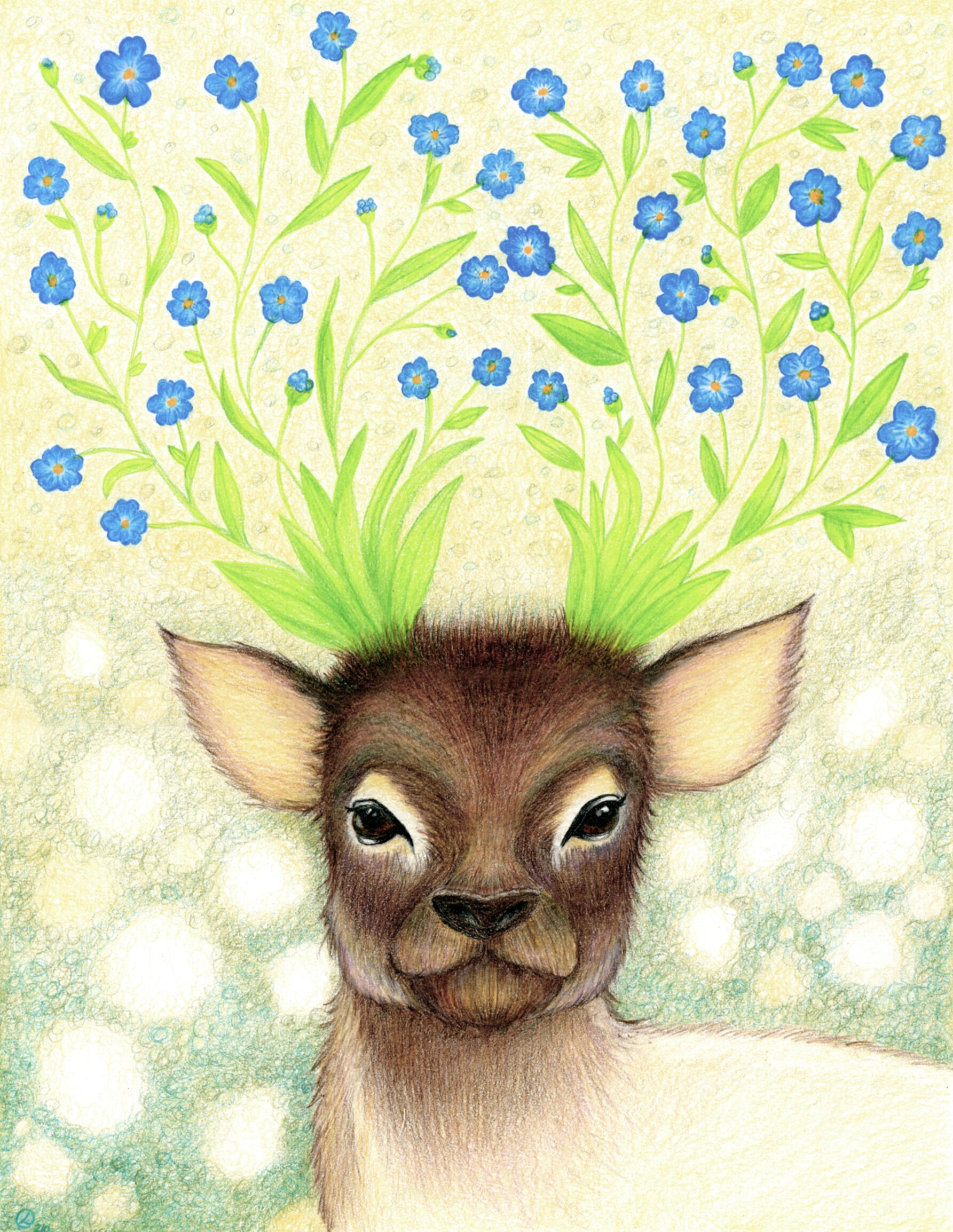 Color pencil drawing of a small, faerie-like deer; where the antlers would normally emerge, there is a spray of blue forget-me-nots. The background is a muted blending of blues, greens, and golds, creating a hazy effect.